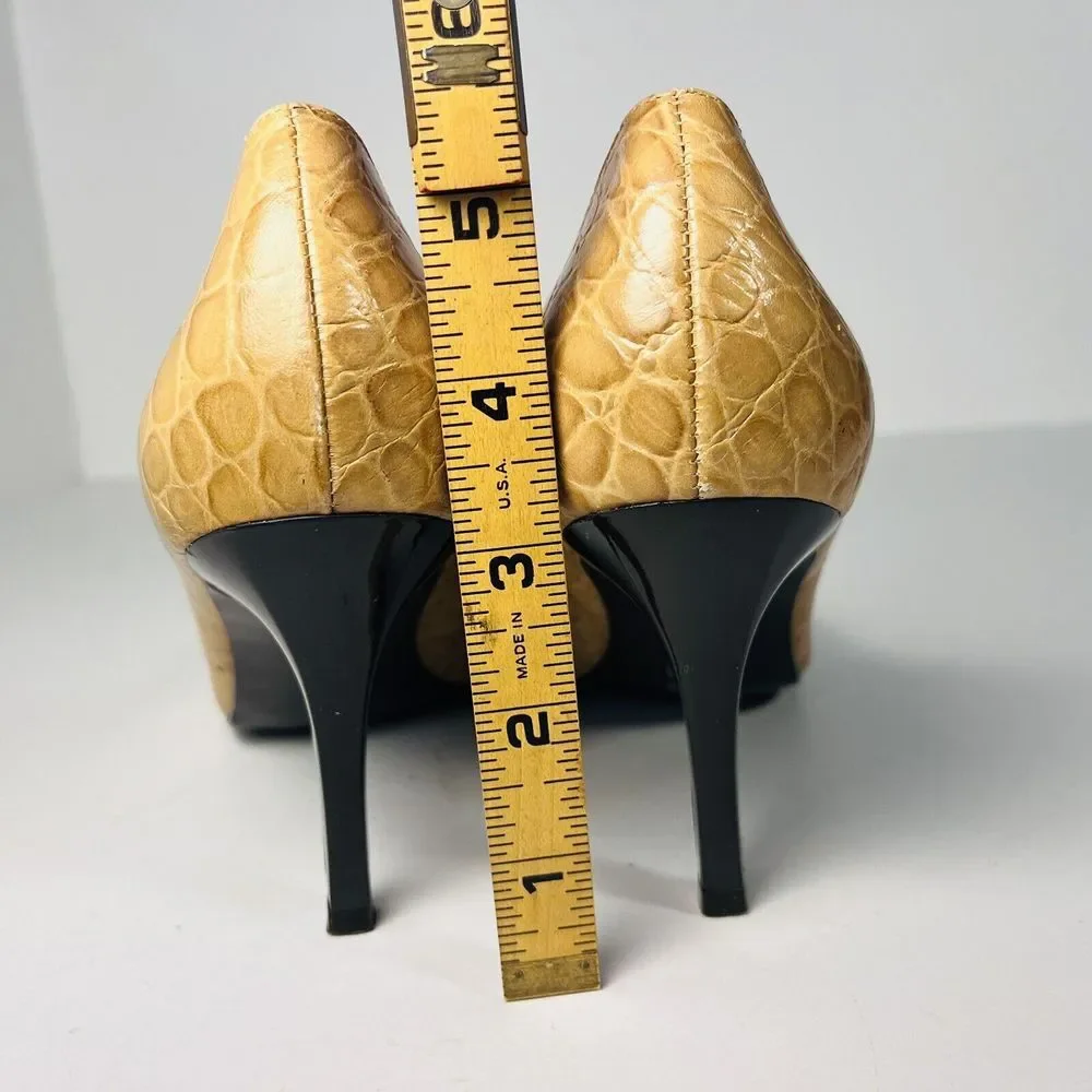 GIANNI BINI Tan Camel Yellow Crocodile Croc Alligator Leather Kitten Heels 6.5 M
